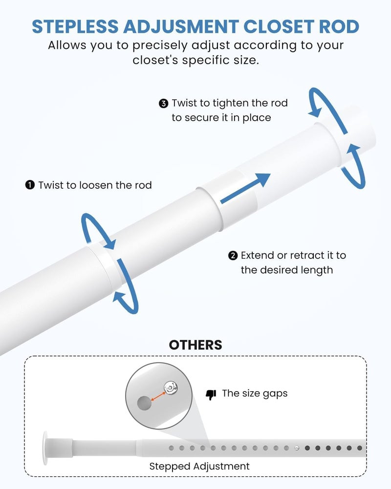 Supforce Closet Rods for Hanging Clothes, 17 to 69 Inches Stepless Adjustable Metal Closet Rod, 1.3 Inches Heavy Duty Clothes Hanging Rod for Closet Wardrobes Laundry RV, White - Image 3